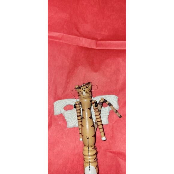 Vintage Folk Art Angel Wooden Jointed Arms Cat Hand Painted Christmas Ornament - Picture 2 of 5